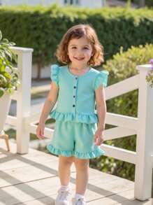 Young Girl Mint Blue Simple Cute & Elegant Round Neck Cap Sleeve Top And Shorts Set - Mint Blue - View 1