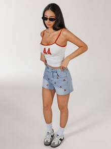 Jeanoix High Waist Embroidered Cherry Washed Denim Shorts - Light Wash - View 6