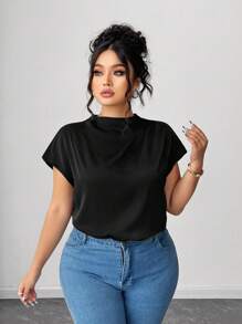 SHEIN LUNE 大码女式黑色优雅府绸纯色衬衫，春夏 - 黑色 - 查看 4