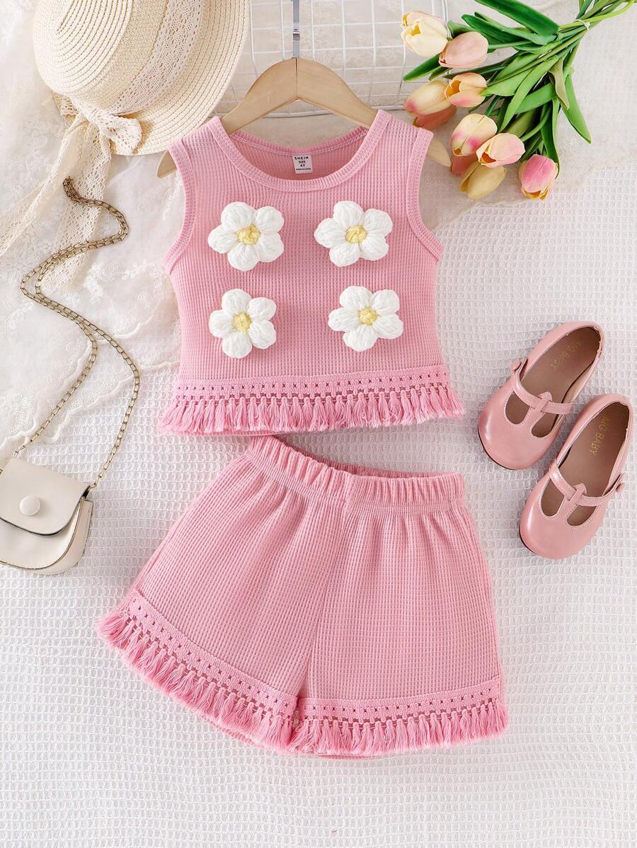SHEIN Vintaside Kids 2pcs Young Girl Waffle Knit Lace Trim Floral Print Camisole Top And Shorts Set, Pink, Refreshing Summer Casual Holiday Outfit, Cute And Lively - Pink - View 1