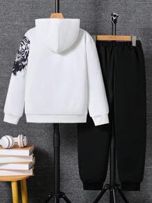 Vacaura Bộ 2 trang phục thường ngày cho bé trai - Áo hoodie cổ tròn in họa tiết động vật thời trang & Quần in họa tiết tiếng Anh tối giản, vừa vặn, chất liệu bền chắc & thoải mái, phù hợp cho mùa thu/đông - trắng - Xem 2