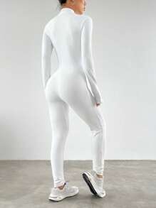 SHEIN EZwear 拉链拇指孔拉链前白色紧身连体裤 - 白色 - 查看 2