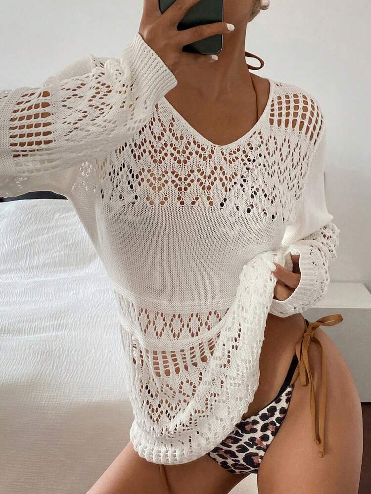 Women's Summer Beach Dress Mesh See-Through V-Neck Long Sleeve Fitted Crop Knit Top Vacation