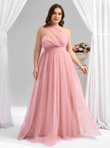 Coutiva 优雅粉色单肩网眼全喇叭礼服，春夏 - 粉色 - 查看 1