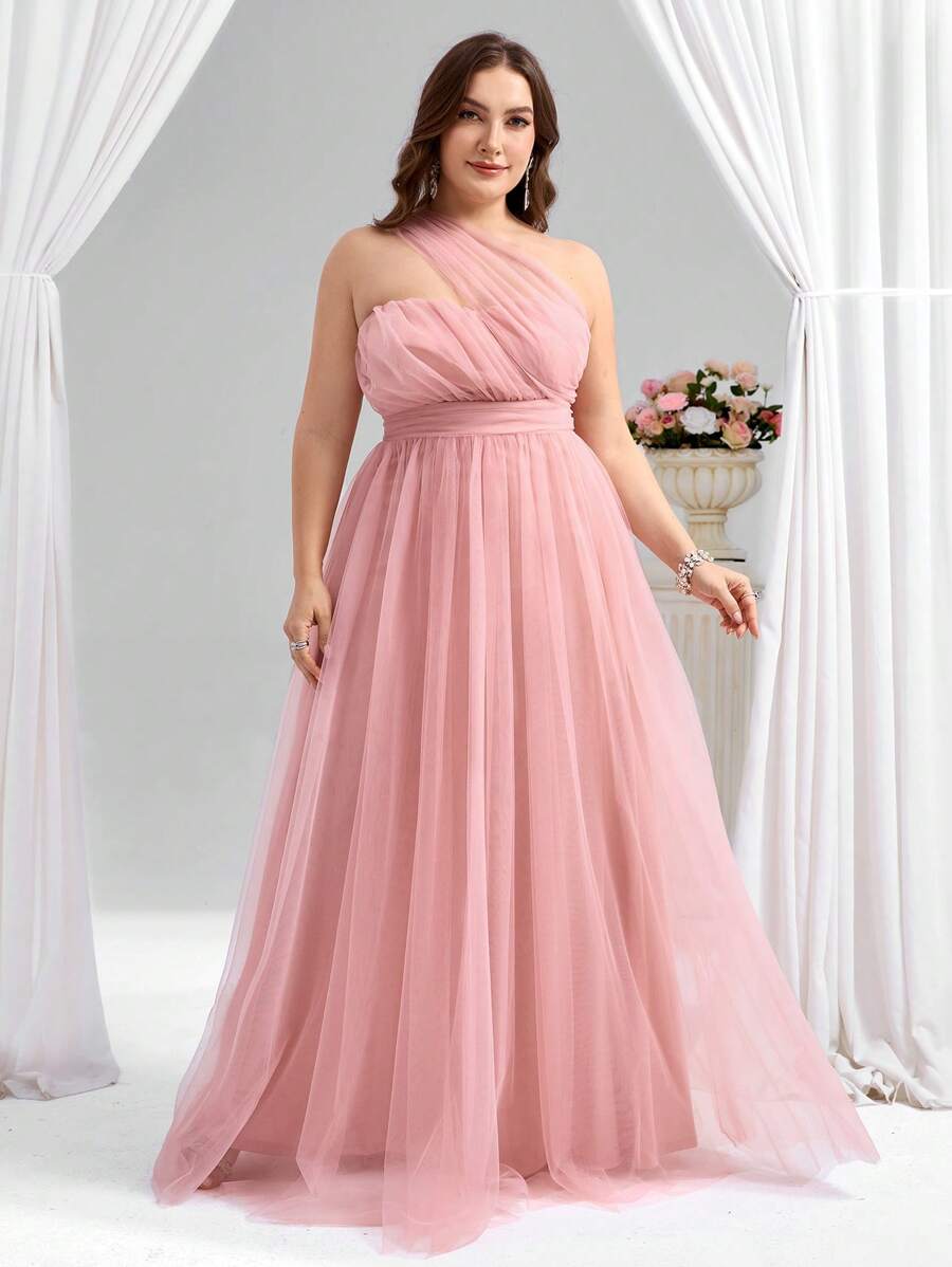 Coutiva 优雅粉色单肩网眼全喇叭礼服，春夏 - 粉色 - 查看 1