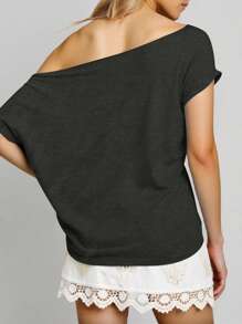 INAWLY Camiseta casual de mujer de manga corta con cuello asimétrico y unicolor - Negro - Ver 2