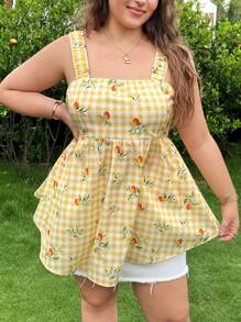 SHEIN EZwear Blusa casual de verano para mujer talla grande con estampado de limones y cuadros