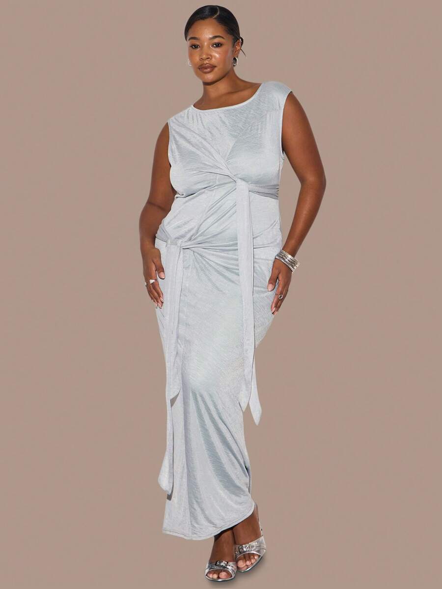 MUSERA Plus Size Asymmetric Neck Sleeveless Knit Tie Detail Maxi Dress Casual, Cute, Cool Girl, Casual, Flowy, Versatile, Minimalistic - Baby Blue - View 1