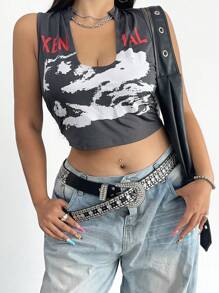 SHEIN MOOSTA Plus Size Women Graphic Printed Cropped Camisole Tank Top, Casual Street Style, Summer - Grey - View 4