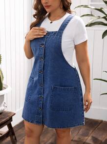 EMERY ROSE Plus Size Women Single Breasted Double Pocket Casual Denim Bib Overall Dress - Dark Wash - View 4