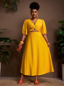 Veslaya Spring & Summer New Plus Size Women Long Maxi Dress, Solid Yellow Deep V-Neck Twist Waist Ruched Flare Sleeve Flared Hem Casual Beach & Party Dress - Yellow - View 5