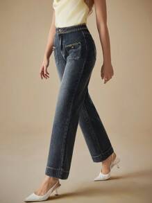 SHEIN MOD 大码时尚链条装饰牛仔裤 - 藍色 - 查看 9