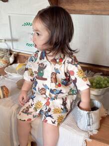 Hapijoa 2件套幼儿女孩卡通全印花休闲衬衫和短袖家居服套装 - 白色 - 查看 5