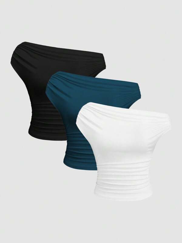 Sweetra Top asimmetrico a spalla corta con maniche corte, colore unito, comodo e versatile, con scollo asimmetrico, aderente
