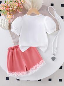SHEIN Explorewe Áo len tay bồng thiết kế ngọc trai và nơ cho bé gái, áo phông thời trang, quần short denim viền lưới xếp nếp màu trắng, bộ đồ mùa hè - Hồng - Xem 2