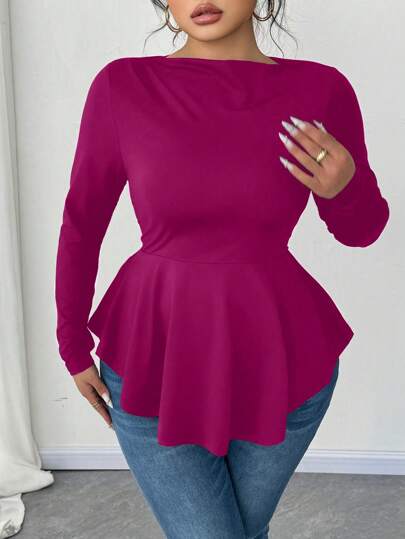 Elenzga 大码女式露肩长袖褶皱A字T恤上衣