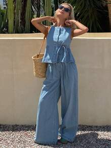 DAZY 2 piezas Conjunto de top sin mangas con cuello en V y pantalones anchos de pierna ancha casuales de verano para mujer, conjunto de ropa vaquera holgada para vacaciones, ropa de vuelta al colegio - Lavado ligero - Ver 5