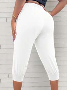 大码女式腰带休闲七分裤 - 白色 - 查看 2