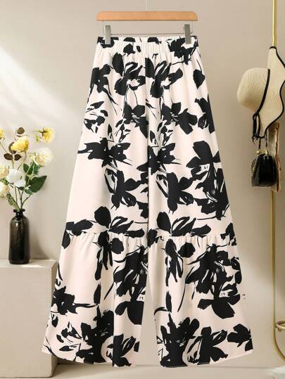 Lacomfia Plus Size Women Elegant Wide Leg Comfortable Print Fashion Pants Fall Cloth For Women