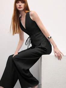 BizChic 2 Pieces Women's Romantic Elegant Sleeveless Tie Front Bow Design Pockets Jumpsuit, Versatile For Business Casual, Daily Commute, Suitable For Office Wear