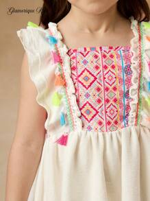 Glamorique Kids Đầm tay lửng in tua rua dễ thương cho bé gái đi nghỉ mát thoải mái - trắng - Xem 6