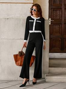 Solivie 2pcs Elegant Contrasting Trim Button-Front Shirt And Pants Set Women Pants Suit