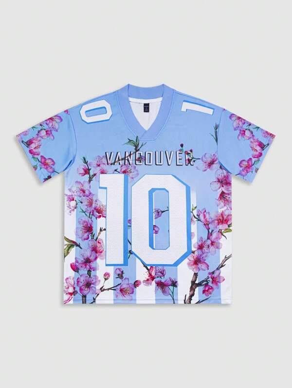 ROMWE MEN Street Life Tricou bărbătesc cu mânecă scurtă, decolteu în V, cu imprimeu floral cu litere de fotbal, stil casual, ținută de zi cu zi