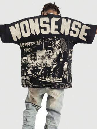 Street Life 1pc Men's Street Figure Batwing Short Sleeve Crew Neck Casual T-Shirt