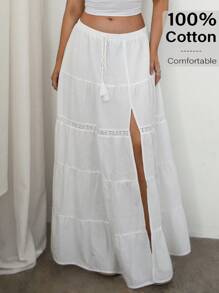 SHEIN Essnce Faldas largas tipo maxifalda bohemias de talla grande para mujer 2025, de mezcla de lino con abertura alta, cintura elástica y encaje, esenciales para festivales de música y vacaciones