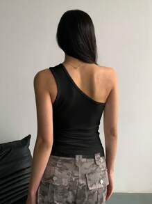 StreetHx 女式夏季休闲百搭纯色单肩上衣 - 黑色 - 查看 2