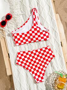 SHEIN Swim 女款印花比基尼泳衣套裝（隨機印花）夏季海灘度假適用 - 紅白色 - 查看 2