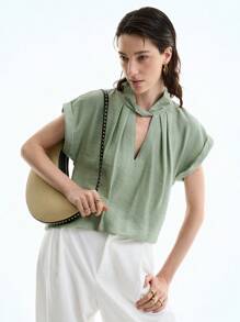 Aalyst Elegant & Minimalist Mint Green Folded Sleeve Blouse Shirt, Twist Neckline Open Window Design, Loose Casual & Commute Wear