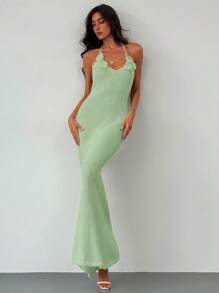 Aloruh Apricot Backless Summer Knitted Dress With Tie Up Neck, Slim Fit Holiday & Date Night Dress For Women