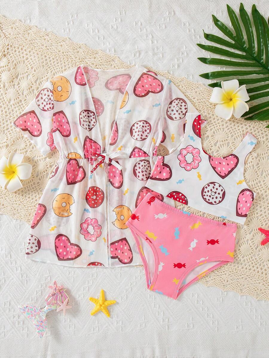 3 件套女婴可爱印花系带前短袖开衫背心和短裤套装，夏季 - 粉色 - 查看 1