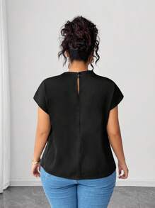 SHEIN LUNE 大码女式黑色优雅府绸纯色衬衫，春夏 - 黑色 - 查看 2