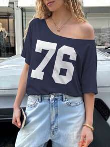 Jouncy 女士休闲数字印花不对称领口 T 恤，夏季 - 藏蓝色 - 查看 3