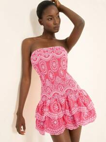 GENKIRA Váy đi nghỉ kiểu Pháp thời trang mới, váy ngắn bó sát hai lớp thêu ren gợi cảm, phong cách bãi biển sang trọng dành cho nữ - Hồng - Xem 6