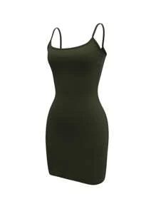 INAWLY Women's Solid Color Camisole Dress, Minimalist & Fashionable For Casual Daily Wear - Olive Green - View 4