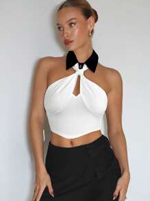 COSMINA Top halter sin espalda con color block para mujer, para el verano - Blanco - Ver 4