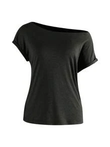 INAWLY Camiseta casual de mujer de manga corta con cuello asimétrico y unicolor - Negro - Ver 7