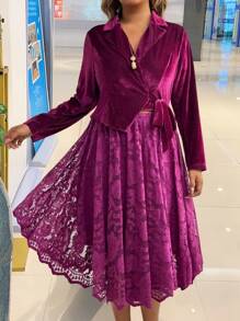 SHEIN Clasi Váy dài tay thêu ren thanh lịch cỡ lớn, mùa xuân/thu - Màu tím - Xem 4