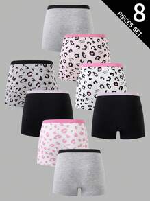 SHEIN 8 件套女童可爱蝴蝶结、心形、豹纹内裤，采用可追溯棉制成，青春期前女童平角裤套装，适合返校时尚 - 彩色 - 查看 2