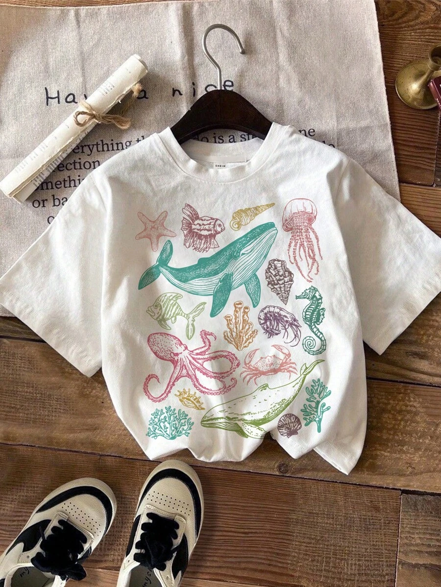 SHEIN LMoss Kids 年轻女孩复古度假多彩海洋生物海滩主题图案休闲圆领短袖T恤，适合夏季