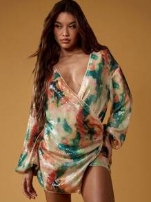 MISSGUIDED Aquarellkleid mit Ballonärmeln, Wickeloptik und Minilänge, Partyfeiertagsglanz Abendkleid mit tiefem Ausschnitt und Glitzer