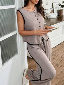 SHEIN Bộ đồ ngủ nữ gồm áo cardigan màu trơn đơn giản và quần dài, trang phục mặc nhà thường ngày - Màu Khaki - Xem 4