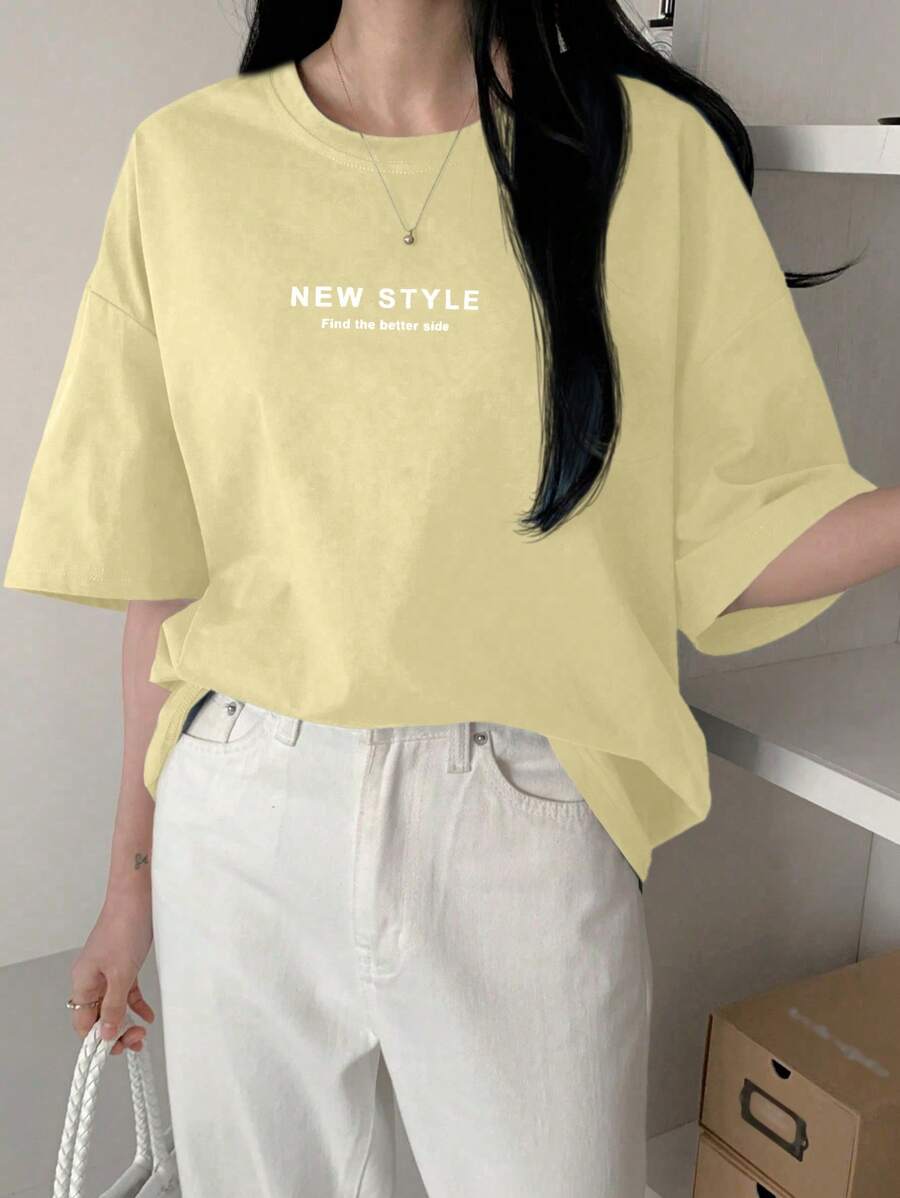 DAZY Women Slogan Print Casual Loose Fit Round Neck Drop Shoulder Short Sleeve T-Shirt, For Summer - Yellow - View 1