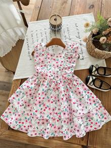 LMoss Kids Vestido tejido con decoración de mariposa, volantes y estampado floral pequeño para niña joven