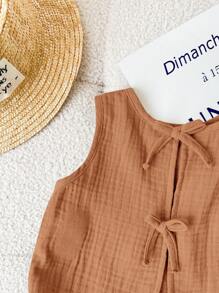 SHEIN LMoss Kids 夏季可爱棕色蝴蝶结后背休闲背心，适合女宝宝 - 棕色 - 查看 5