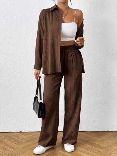 SHEIN PETITE Women Casual & Office Wear Solid Color Shirt And Pants 2 Pieces Set