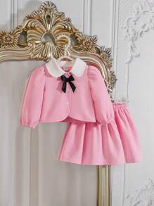 SHEIN Niña bebé, otoño e invierno, dama rosa, elegante, noble, lujoso, lujoso, lujoso, lujoso, blusa de manga larga con cuello blanco, top con hebilla de encaje dorado y falda larga rosa son adecuados para ir de compras, jugar, asistir a fiestas, reuniones y cocina occidental en otoño - Rosa - Ver 9